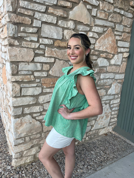 Kelly Green denim ruffle top