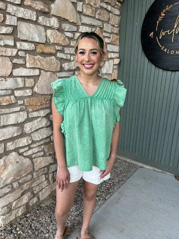 Kelly Green denim ruffle top